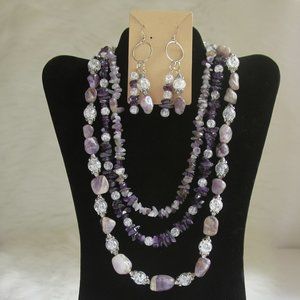 Multi-Shade Purple 3 strand necklace with earrings